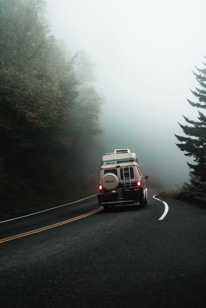 Rental camper van driving on the road